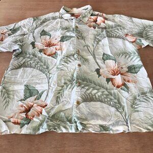 Tommy Bahama 100% Silk Shirt Men XL Green Floral Button Up Logo Pocket Collared